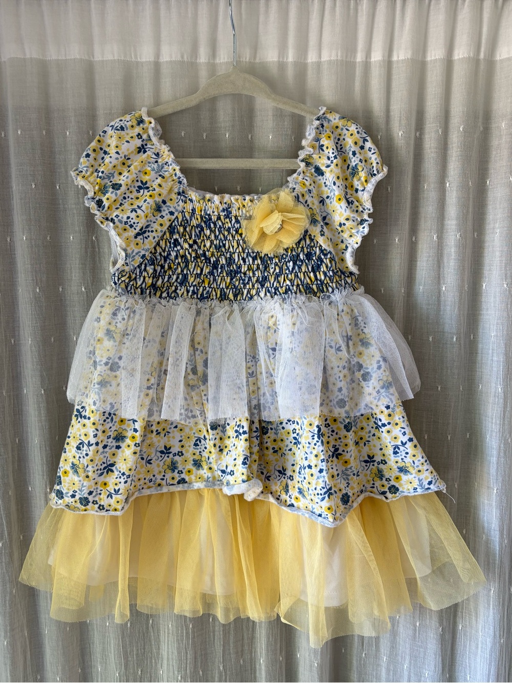 Yellow & Blue Floral Tulle Party Dress for Girls